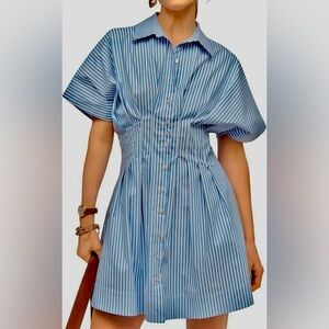 Japna Blue & White Striped Shirt Dress - Size L - 100% Cotton - Elastic Waist